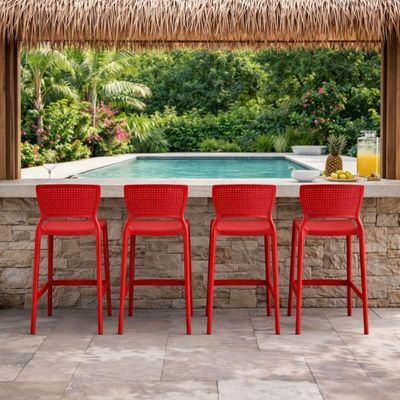 Kit 4 Cadeiras Altas Tramontina Banqueta com Encosto Bancada Bar Plástico Summa Safira Vermelho