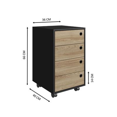Gaveteiro Multiuso com Rodinhas Escritório Quarto 4 Gavetas Organizador Office Oak Preto