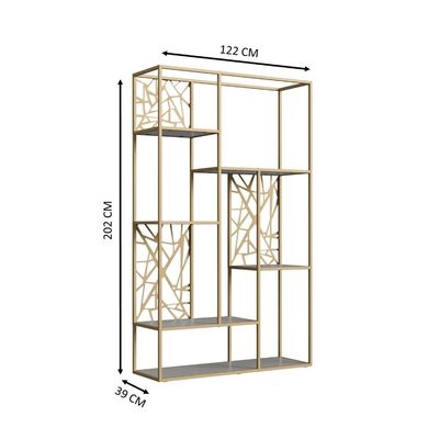 Estante Alta Sala de Estar 6 Prateleiras Industrial Arenas Metal 202x122x39cm Champanhe Placa e Ponto