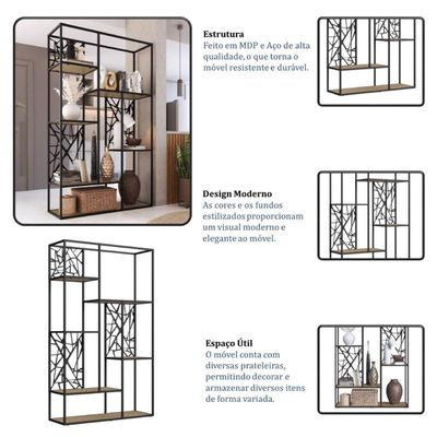 Estante Alta Armário Prateleira Estilo Industrial Metal Preto Aveiro 122x39x202cm Placa e Ponto