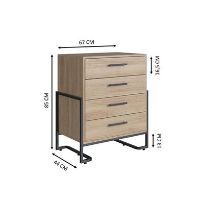 Cômoda Elegante Quarto 4 Gavetas Industrial Oak Metal Preto 67x44x85cm Placa e Ponto