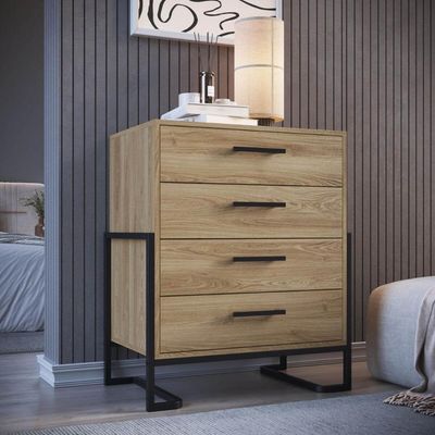 Cômoda Elegante Quarto 4 Gavetas Industrial Oak Metal Preto 67x44x85cm Placa e Ponto