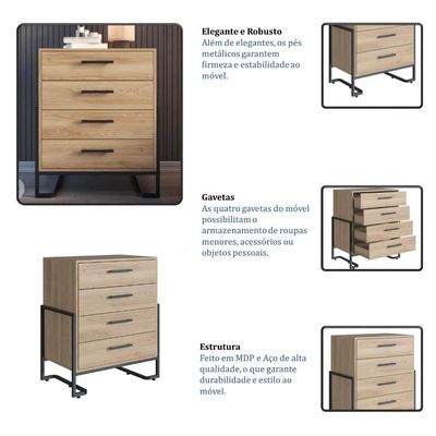 Cômoda Elegante Quarto 4 Gavetas Industrial Oak Metal Preto 67x44x85cm Placa e Ponto