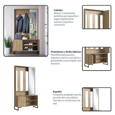 Armário Sapateira Cabideiro Hall Entrada com Espelho Preto Oak Estilo Industrial Placa e Ponto