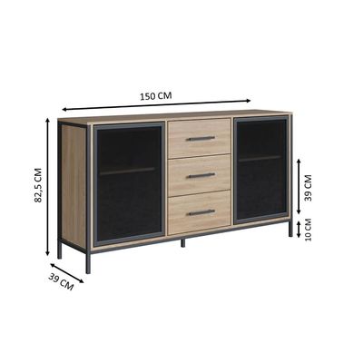 Balcão Armário para Cozinha Sala De Jantar Buffet Oak Preto 150cm Estilo Industrial Placa e Ponto