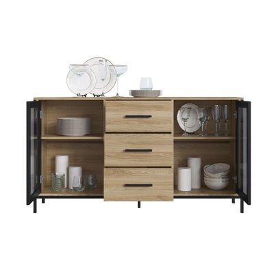 Balcão Armário para Cozinha Sala De Jantar Buffet Oak Preto 150cm Estilo Industrial Placa e Ponto