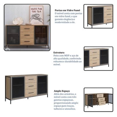 Balcão Armário para Cozinha Sala De Jantar Buffet Oak Preto 150cm Estilo Industrial Placa e Ponto