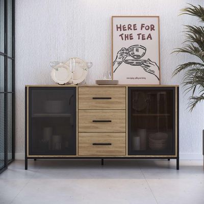 Balcão Armário para Cozinha Sala De Jantar Buffet Oak Preto 150cm Estilo Industrial Placa e Ponto