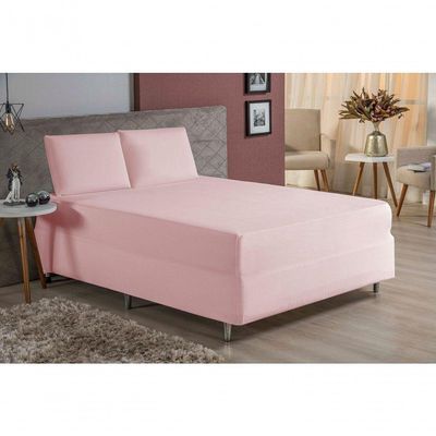 Jogo De Cama Queen Nobre 3 Peças Luva De Box 55cm De Altura Malha 100% Algodão - Rosa