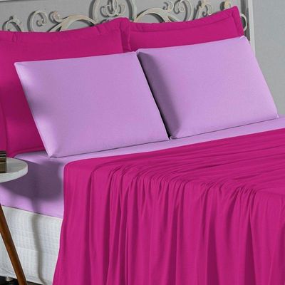 Jogo De Cama Casal Nobre 4 Peças Lençol Com Elástico De 30cm De Altura Malha 100% Algodão - Pink / Lilás