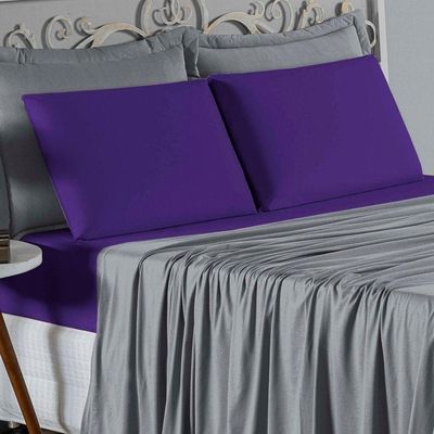 Jogo De Cama Casal Nobre 4 Peças Lençol Com Elástico De 30cm De Altura Malha 100% Algodão - Cinza / Roxo
