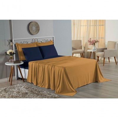 Jogo De Cama Casal Nobre 4 Peças Lençol Com Elástico De 30cm De Altura Malha 100% Algodão - Cobre / Azul-marinho