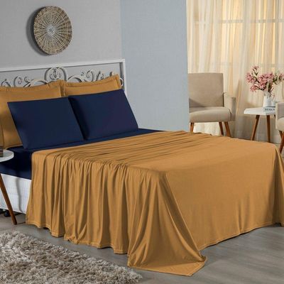 Jogo De Cama Casal Nobre 4 Peças Lençol Com Elástico De 30cm De Altura Malha 100% Algodão - Cobre / Azul-marinho
