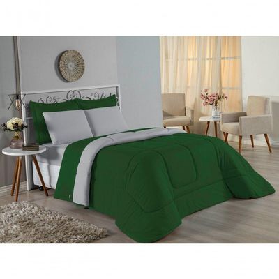 Edredom Casal Nobre 1 Peça Dupla Face 2,00m X 2,20m Malha 100% Algodão - Verde-bandeira / Cinza