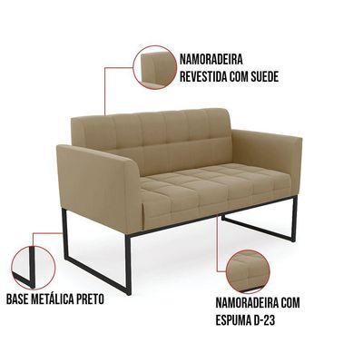 Sofá Namoradeira Elisa Suede Marrom Rato Base Metálica Industrial Preto - D'rossi