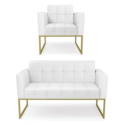 Kit 1 Sofá Namoradeira E 1 Poltrona Elisa Corino Branco Base Metálica Industrial Dourado - D'rossi