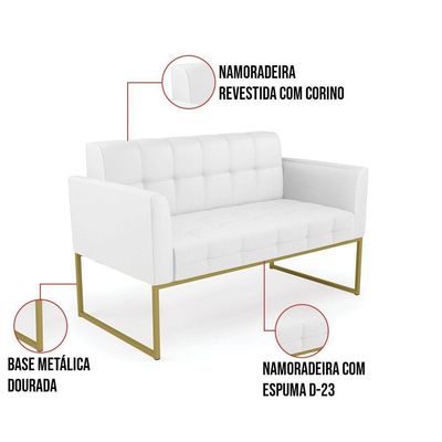 Kit 1 Sofá Namoradeira E 1 Poltrona Elisa Corino Branco Base Metálica Industrial Dourado - D'rossi