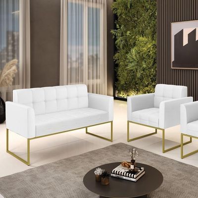 Kit 1 Sofá Namoradeira E 1 Poltrona Elisa Corino Branco Base Metálica Industrial Dourado - D'rossi