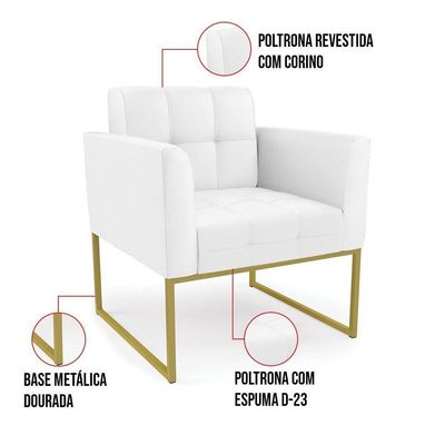 Kit 1 Sofá Namoradeira E 1 Poltrona Elisa Corino Branco Base Metálica Industrial Dourado - D'rossi