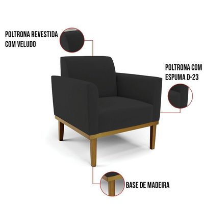 Sofá Namoradeira Com 2 Poltronas Base De Madeira Fixa Castanho Marisa Veludo D03 - D?rossi Cor Preto