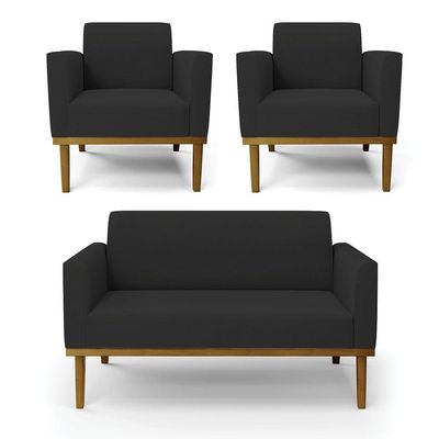 Sofá Namoradeira Com 2 Poltronas Base De Madeira Fixa Castanho Marisa Veludo D03 - D?rossi Cor Preto