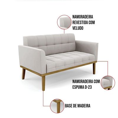 Sofá Namoradeira 2 Lugares Base De Madeira Castanho Elisa Veludo D03 - D'rossi Cor Cinza
