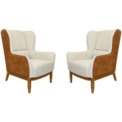 Kit 02 Poltronas Milena Base Madeira Corano Caramelo/linho Sand Dollar - Nexta Casa