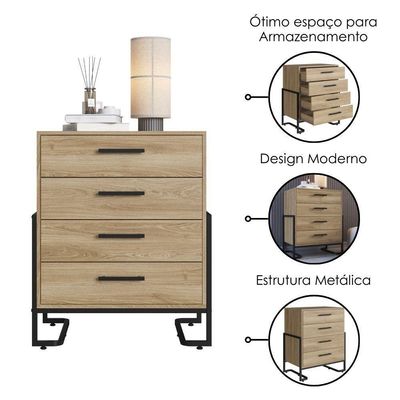 Comoda 4 Gavetas P1061 67 Cm Oak Preto Pp Milani Store Oak Preto