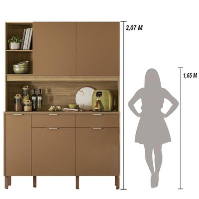 Armário De Cozinha Compacto Flora 5 Portas 2 Gavetas Com Nicho P/micro-ondas 1,44m - Freijó/caramelo