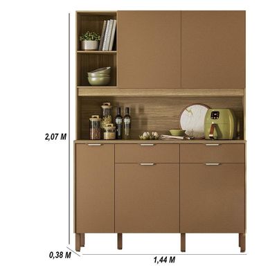 Armário De Cozinha Compacto Flora 5 Portas 2 Gavetas Com Nicho P/micro-ondas 1,44m - Freijó/caramelo