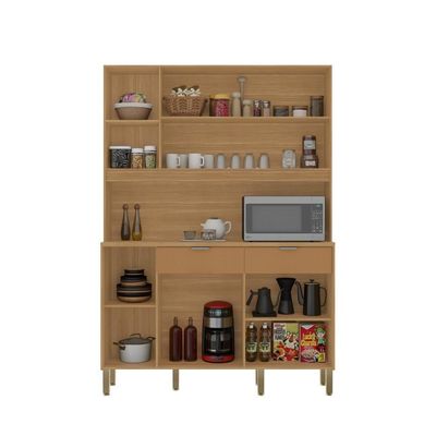 Armário De Cozinha Compacto Flora 5 Portas 2 Gavetas Com Nicho P/micro-ondas 1,44m - Freijó/caramelo