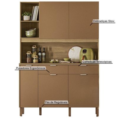 Armário De Cozinha Compacto Flora 5 Portas 2 Gavetas Com Nicho P/micro-ondas 1,44m - Freijó/caramelo
