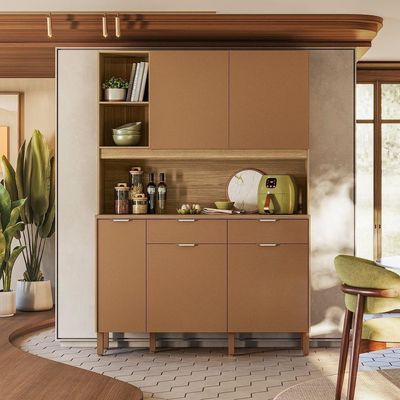 Armário De Cozinha Compacto Flora 5 Portas 2 Gavetas Com Nicho P/micro-ondas 1,44m - Freijó/caramelo