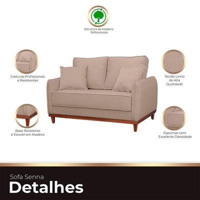 Sofa Sena 3 Lugares Base De Madeira Para Sala Hotel Linho Bege