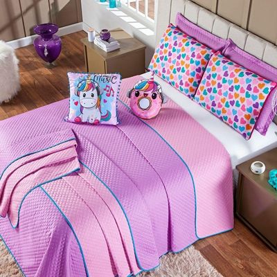 Kit Cobre Leito Colcha Casal Padrão Donuts Unicórnio Lilás/rosa Dupla Face Com Almofadas Estampadas 07 Peças