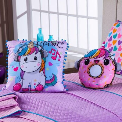 Kit Cobre Leito Colcha Casal Padrão Donuts Unicórnio Lilás/rosa Dupla Face Com Almofadas Estampadas 07 Peças