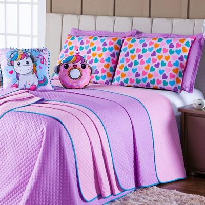 Kit Cobre Leito Colcha Casal Padrão Donuts Unicórnio Lilás/rosa Dupla Face Com Almofadas Estampadas 07 Peças
