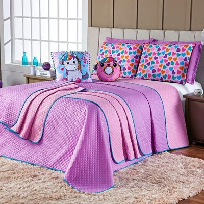 Kit Cobre Leito Colcha Casal Padrão Donuts Unicórnio Lilás/rosa Dupla Face Com Almofadas Estampadas 07 Peças