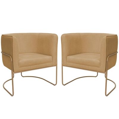 Kit 02 Poltronas Decorativas Betina Base Aço Ouro Fosco Bouclé Camel - Nexta Casa