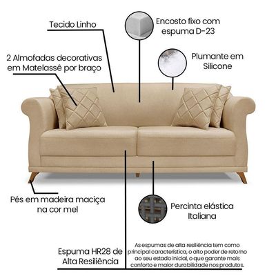Sofá 2 Lugares 1,60m Vênus Linho Pés Castanho Dourado