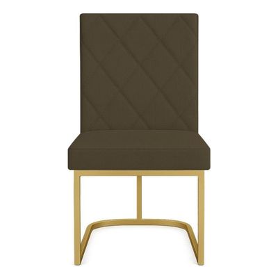 Kit 02 Cadeiras De Jantar Estofada Siena Linho Marrom Café Base De Ferro Dourada - Pallazio
