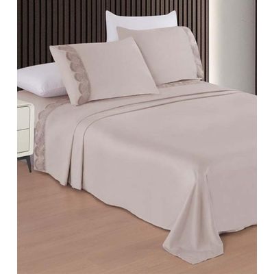 Jogo De Cama Marquesa Bordado Inglês Queen Camesa Bege UN / Bege
