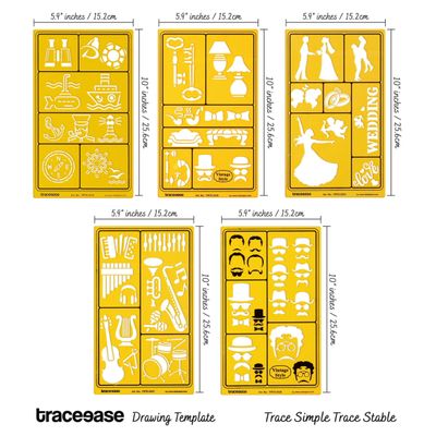 Traceease Estênceis Multi-Padrão para Desenho e Artesanato DIY — Mediterrâneo, Vintage e Silhueta de Casamento, 5 Peças - IBA Crafts Amarelo