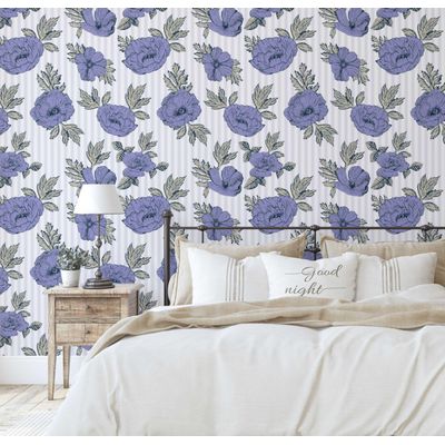 Papel de Parede Autoadesivo Estampa Listrada de Peônias, Vinil Impermeável Removível Roxo para Quarto e Sala de Jantar - S4sassy 63,5 cm (L) × 304,8 cm (C) / Roxo - Vinil Liso