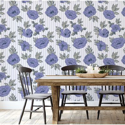 Papel de Parede Autoadesivo Estampa Listrada de Peônias, Vinil Impermeável Removível Roxo para Quarto e Sala de Jantar - S4sassy 63,5 cm (L) × 304,8 cm (C) / Roxo - Vinil Liso