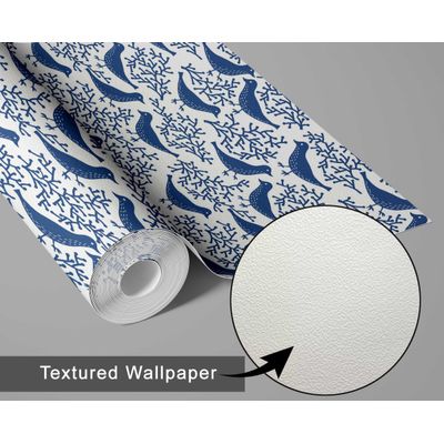 Papel de Parede Vinílico Autoadesivo À Prova d'Água, Estampa Chic de Pássaros e Coral - Azul, para Quartos, Locação e Armários - S4Sassy 63,5 cm (L) × 152,4 cm (C) / Azul - Vinil Texturizado