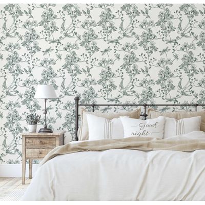 Papel de Parede Autoadesivo Jardim com Pássaros e Libélulas, Verde, Vinil Removível DIY, Papel Contact para Parede de Entrada - S4sassy 63,5 cm (L) × 304,8 cm (C) / Verde - Vinil Liso