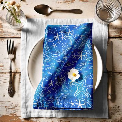 Guardanapos de Algodão Estrela-do-Mar e Vida Marinha, 12 Un, 51x51cm, Azul Intenso, Estilo Fazenda Costeiro, Laváveis à Máquina - Vargottam 50,8 Cm × 50,8 Cm – Pacote Com 12 Peças / Azul