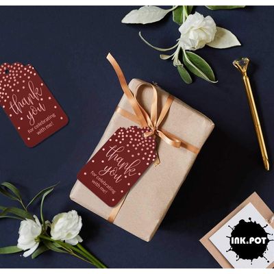 Etiquetas de Papel para Lembrancinha de Aniversário "Obrigado por Celebrar Comigo" com Detalhe Metalizado - Inkdotpot 100 Etiquetas Metalizadas / Vermelho - Ouro Rosé