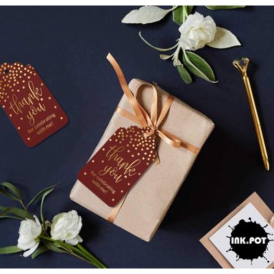 Etiquetas de Papel para Lembrancinha de Aniversário "Obrigado por Celebrar Comigo" com Detalhe Metalizado - Inkdotpot 100 Etiquetas Metalizadas / Vermelho - Ouro Rosé
